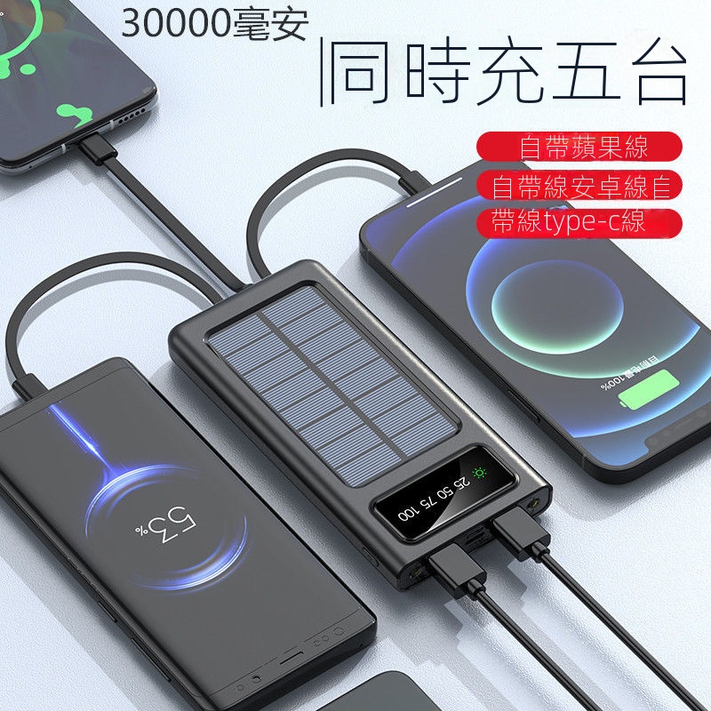 【遊戲戶外必備】太陽能30000毫安自帶線充電寶大容量快充2萬/1萬毫安通用移動電源