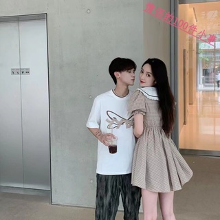 【COUPLE】2022新款💕💕法式情侶裝夏裝甜美可愛風格紋連衣裙女短袖T恤一衣一裙