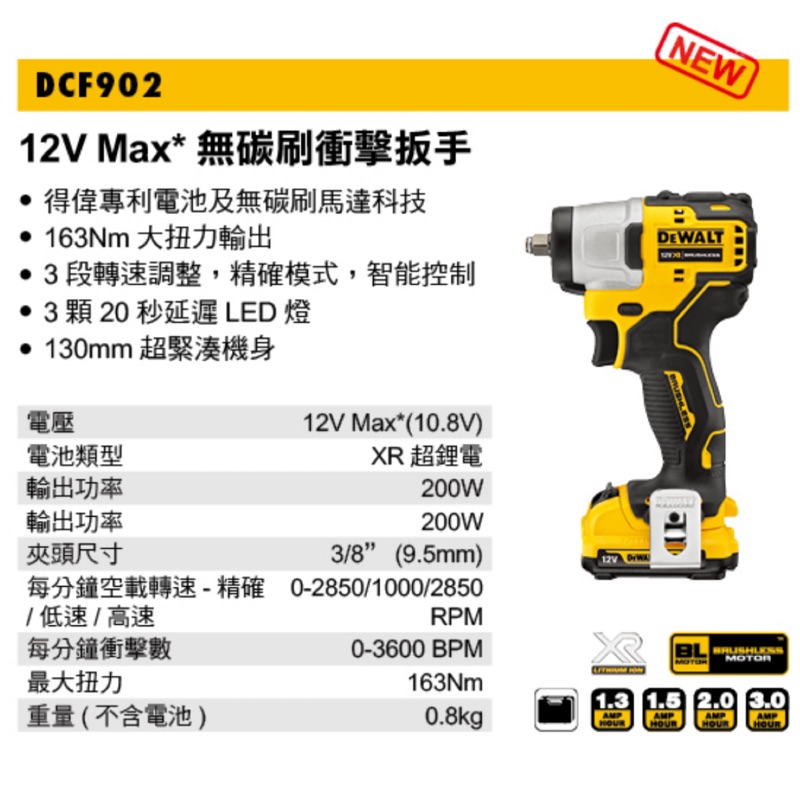 扳手｜Dewalt 得偉 12V 無刷式 衝擊 3分 扳手 3.0Ah 雙電 (含稅) DCF902L2 DCF902