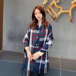 現貨-韓國新款仿羊絨鈕扣女士斗篷披肩韓版秋冬季兩用加厚流蘇格子圍巾