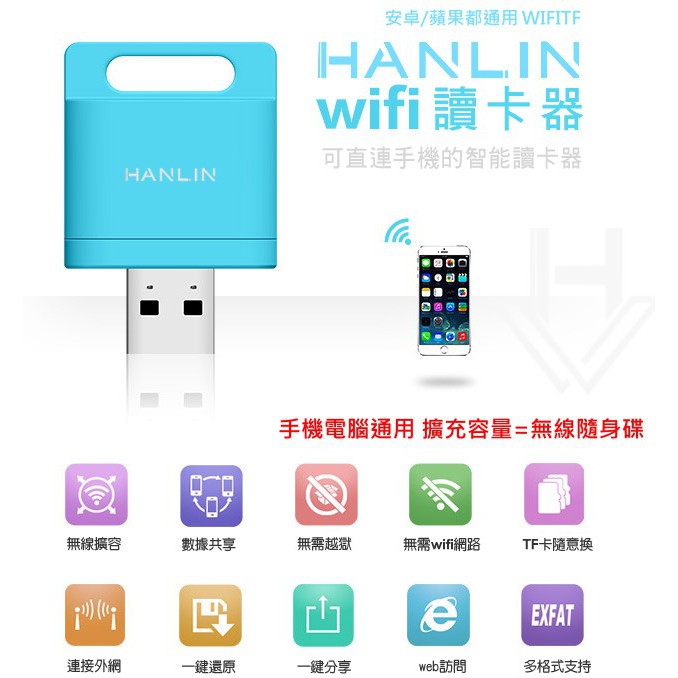 【HANLIN-WIFITF】-蘋果安卓手機擴充容量-wifi無線讀卡器(超強功能多合一