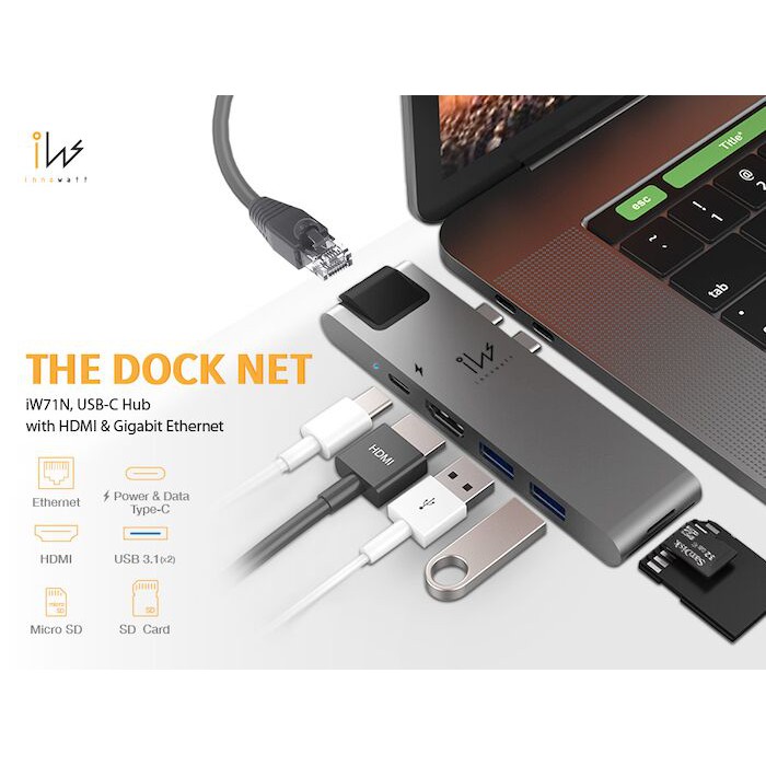 ✨限時特價✨ innowatt DOCK NET USB 3.1 Type-C 七合一多功能集線器 iW71N (灰)