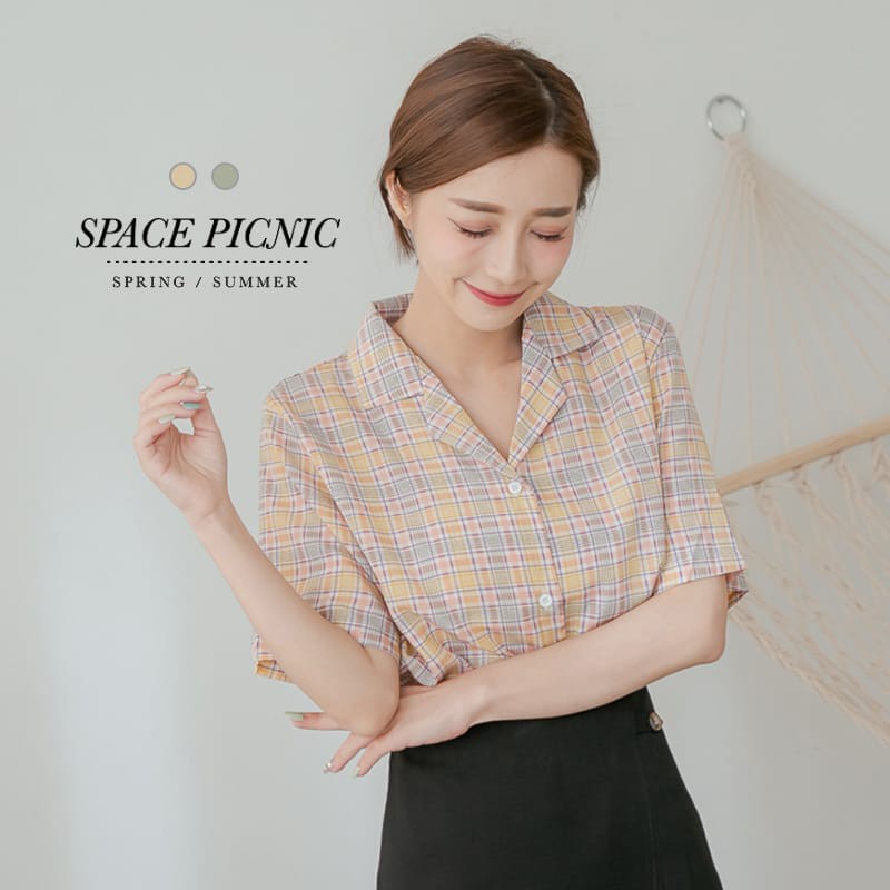 [明天出貨] Space Picnic｜雙線格紋雪紡短袖襯衫(現貨)【C21034090】