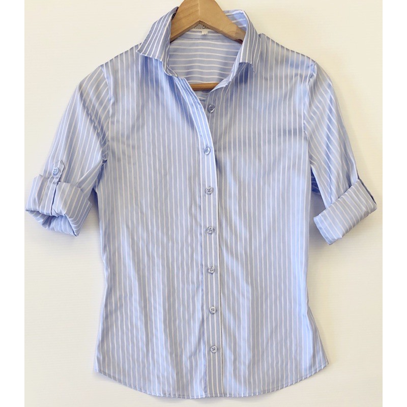 義大利NARA CAMICIE光澤感藍色七分袖條紋襯衫1號