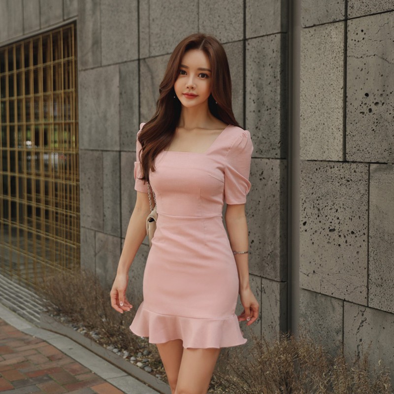 甜美大學生洋裝粉色小性感魚尾洋裝短版包臀連身裙韓國女生衣著外出正韓約會洋裝