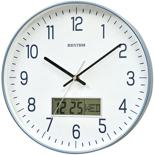 日本RHYTHM CLOCK 麗聲藍框靜音 LCD螢幕顯示時鐘.日期.星期. 指標數字雙顯掛鐘 型號：CFG723N日本