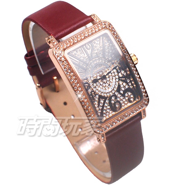 G8201玫酒紅 香港古歐 GUOU 閃耀時尚腕錶 滿鑽數字錶 長方型 真皮皮革錶帶 玫瑰金x酒紅【時間玩家】