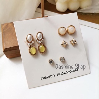 Jasmine 時尚 許願心情 簡約小巧橢圓珍珠耳環甜美鑲鑽耳環卡套組