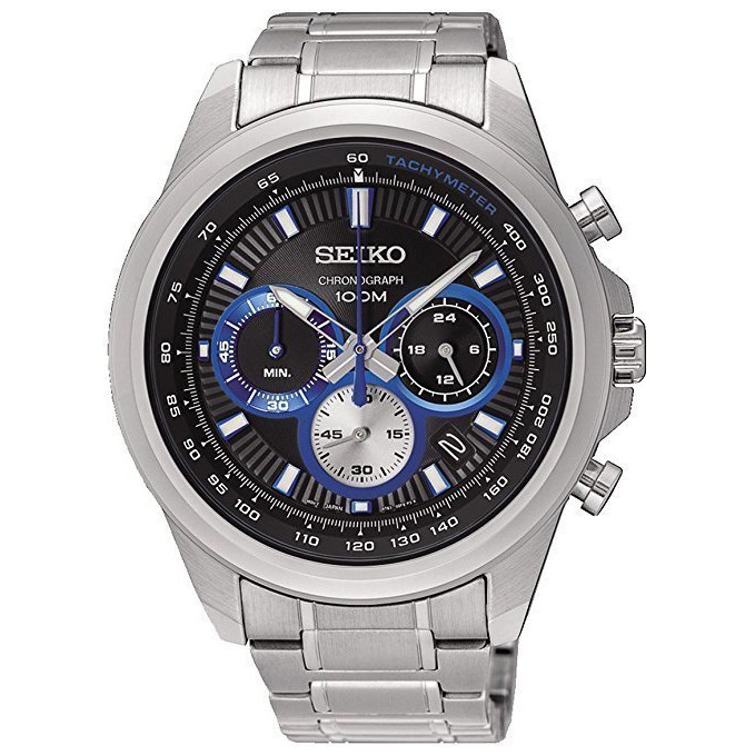 SEIKO WATCH 精工CS系列競速黑面寶藍三眼計時鋼帶石英腕錶 型號：SSB243P1