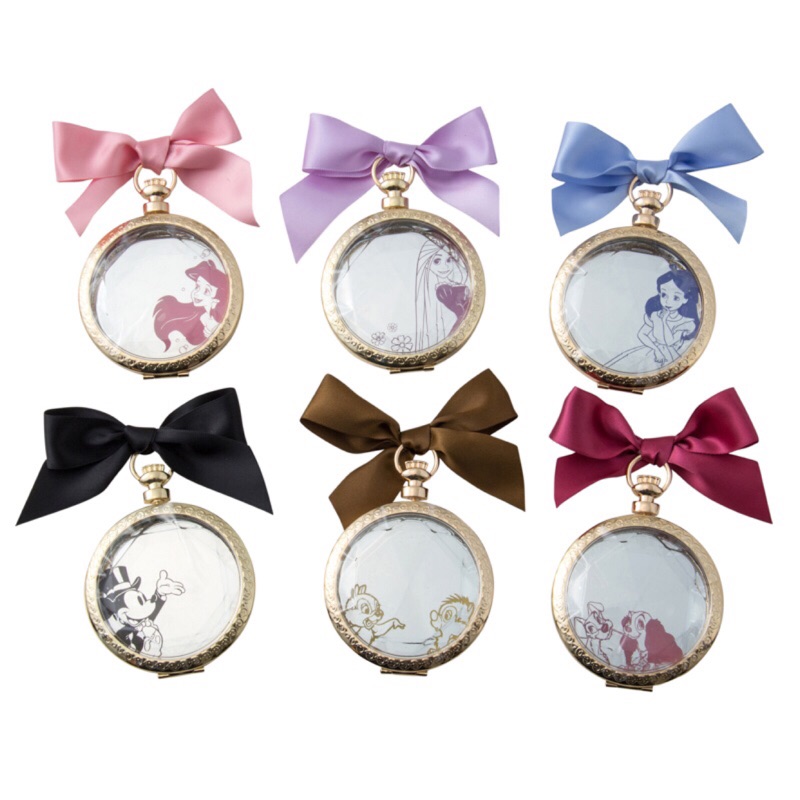 日本迪士尼  小美人魚公主 愛麗兒 長髮公主樂佩 愛麗絲 奇奇蒂蒂 米奇 蝴蝶結 懷錶造型 圓鏡 折鏡 鏡子