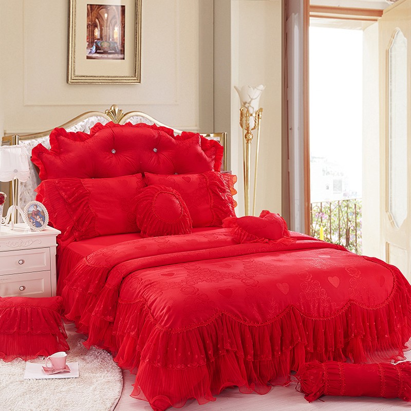 年華紅 結婚床罩 紅色床罩 蕾絲床罩 雙人床罩 床裙組