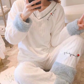 珊瑚絨v領冬季成套居家服睡衣+睡褲