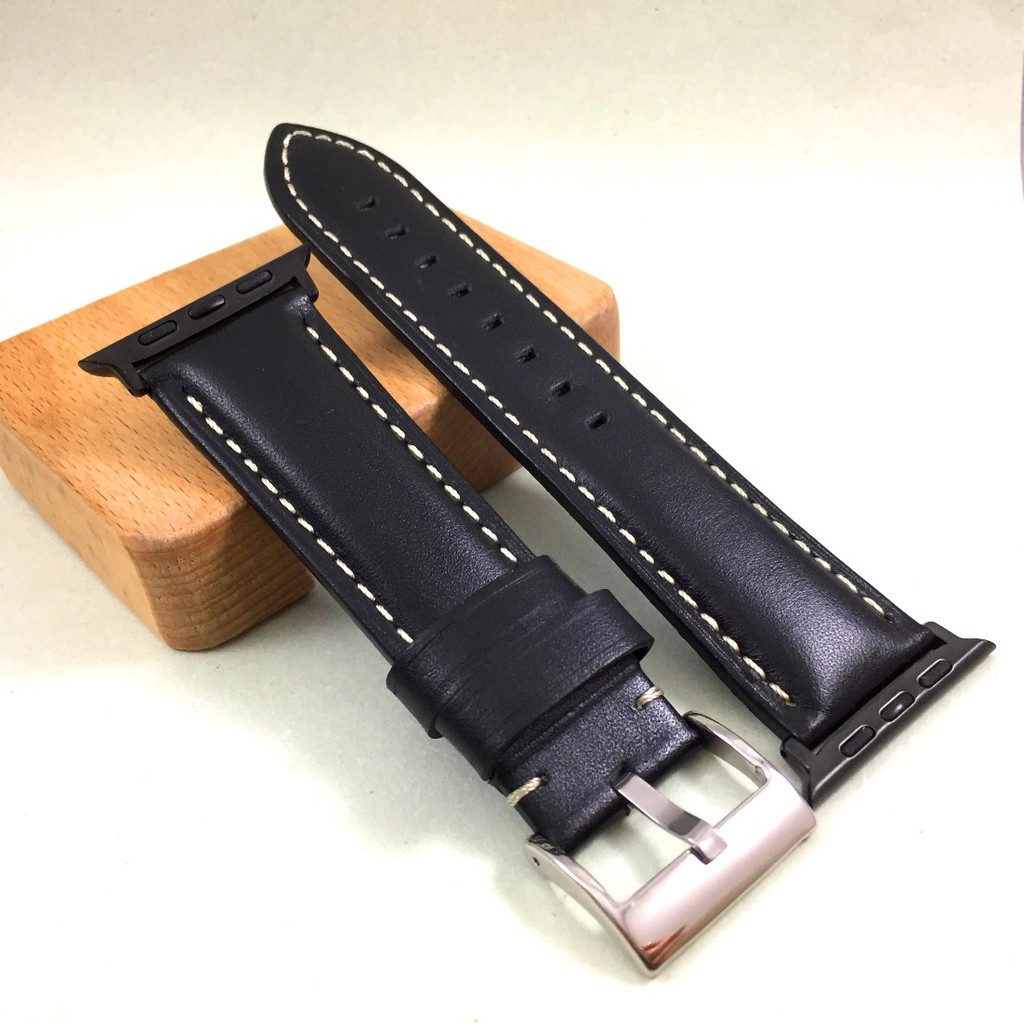 Apple Watch 4代 3代 真牛皮 素面 黑色 白車線 搭配不鏽鋼針釦 背面荔枝紋 42mm 44mm 專用