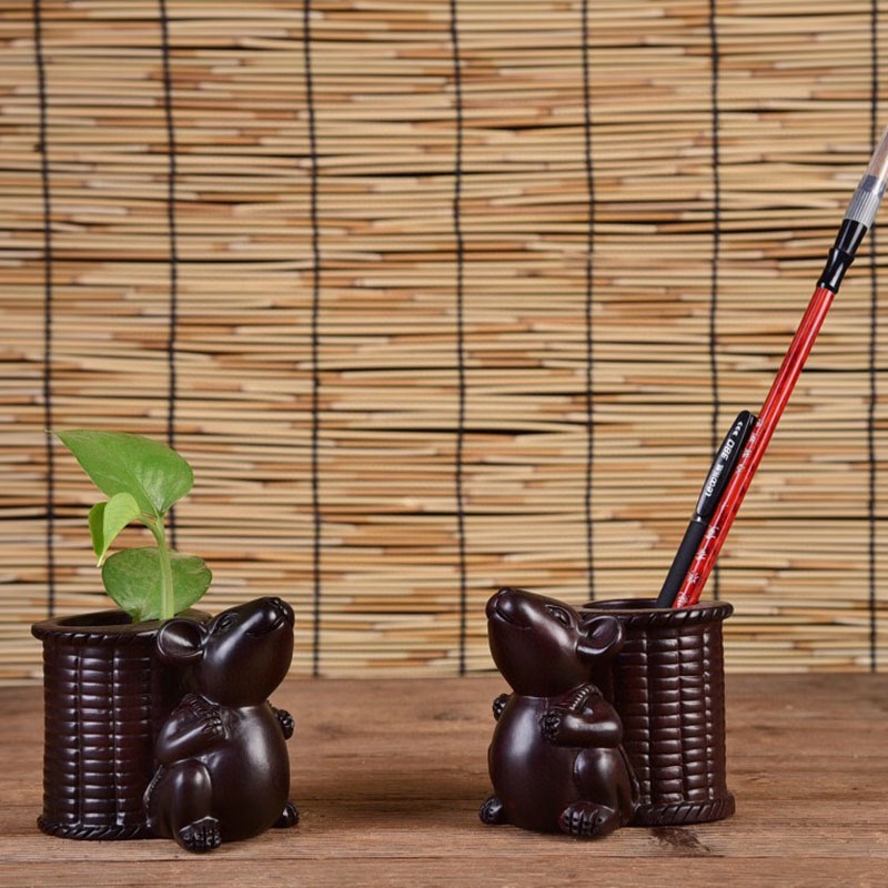 青子龍佛珠新款特賣廠家批發黑檀木筆筒 創意生肖鼠擺件筆筒圓形辦公木制收納筒定制