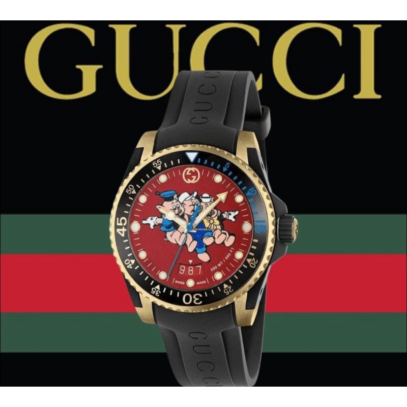 GuccI 古馳Gucci DIVE三隻小豬矽膠錶帶潛水錶YA136325 正品預購代購 