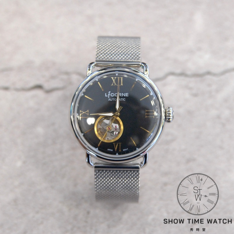 LICORNE 力抗錶 復古質感凸面玻璃半簍空機械錶 - 米蘭綱帶 / 黑面銀 LT140MWBB [ 秀時堂 ]