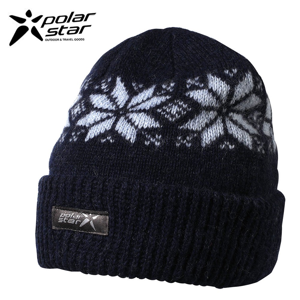 PolarStar 台灣製 反摺橫條羊毛保暖帽(內襯刷毛布，降低刺癢感) P13606『深藍』