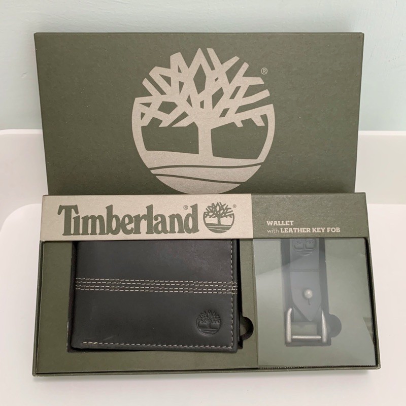 Timberland 真皮皮夾+皮革鑰匙圈禮盒組 - 短夾黑色 男皮夾 男短夾 男用皮夾