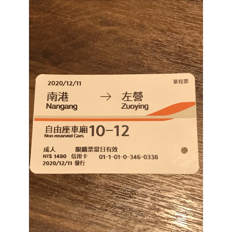 2020-2021年高鐵票根（台北-高雄自由座）