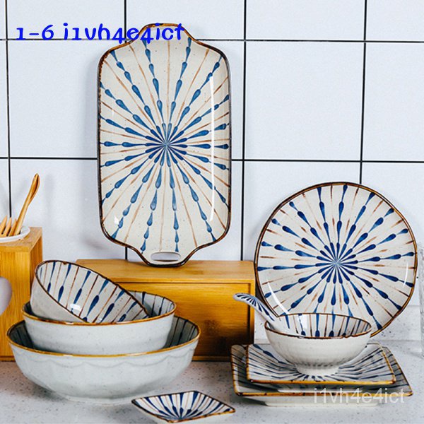 新款舍里 日式和風釉下彩陶瓷餐具多人套裝家用飯碗餐盤碟子筷子套裝