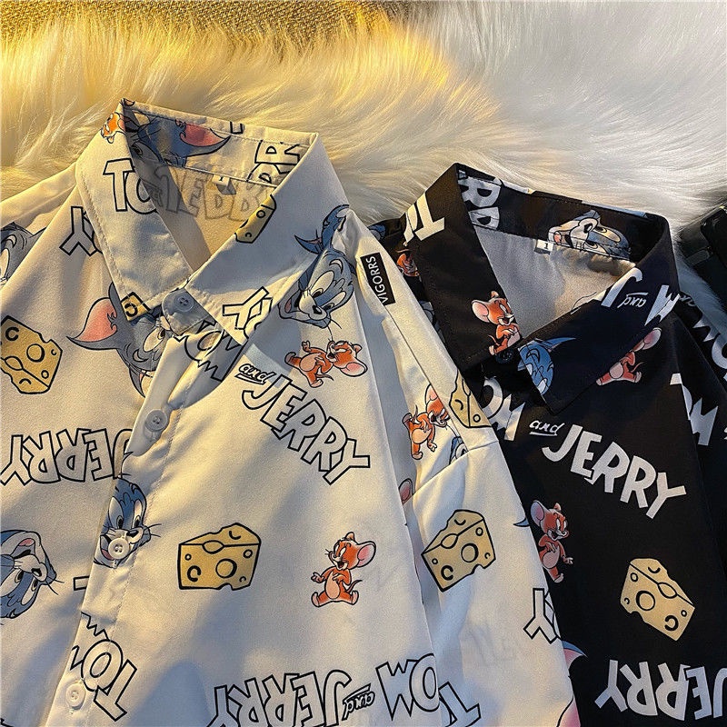 花襯衫 湯姆貓與傑利鼠 湯姆貓與傑利鼠衣服 傑利鼠上衣 傑利鼠襯衫 湯姆貓與傑利鼠襯衫  大尺碼女裝短袖卡通貓和老鼠印花