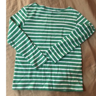 專櫃二手-140cm/Uniqlo七分袖 綠白條紋棉上衣