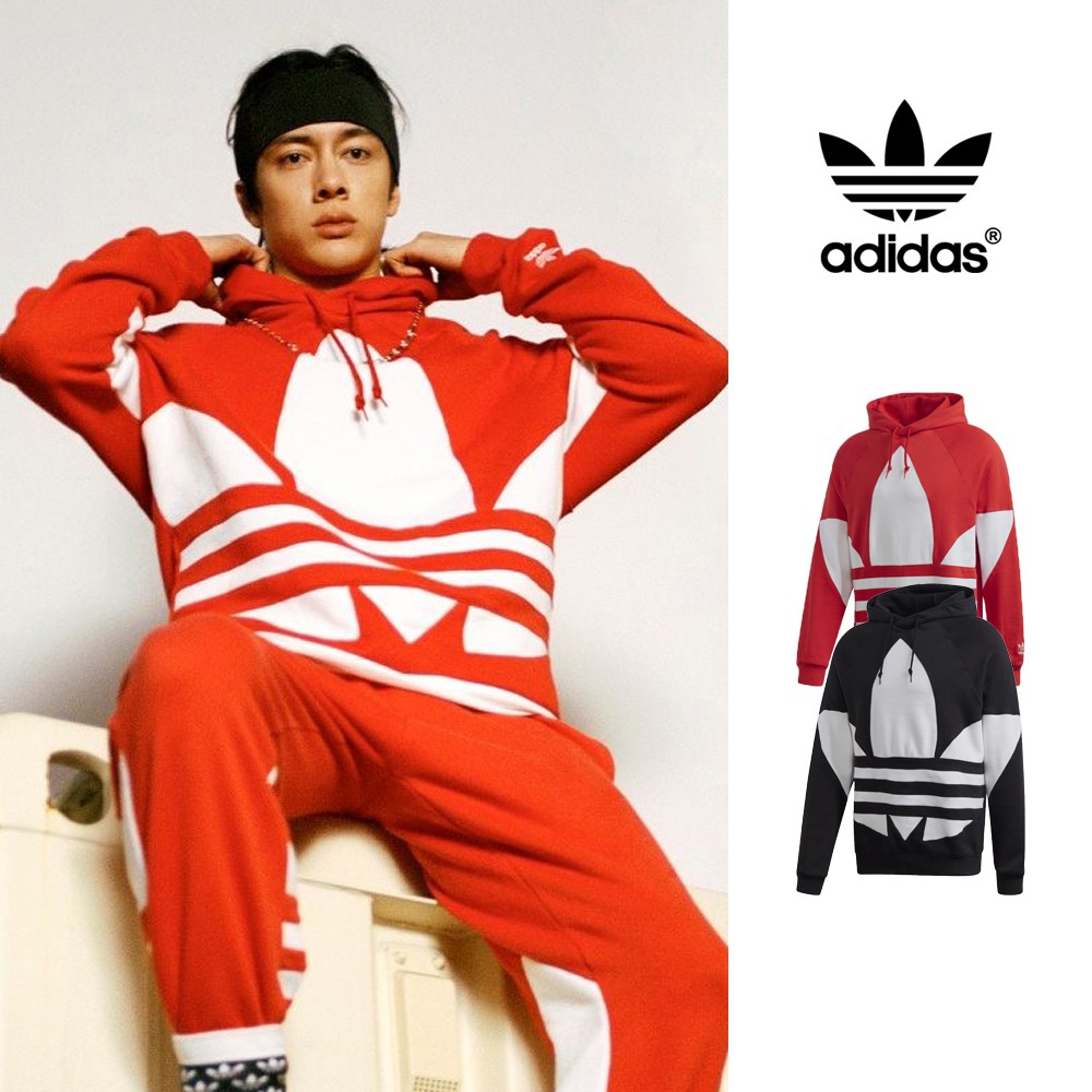 Adidas Originals 黑/紅 連帽T恤 寬鬆 純棉 運動 休閒 上衣 帽衫 王嘉爾 三葉草 大Logo