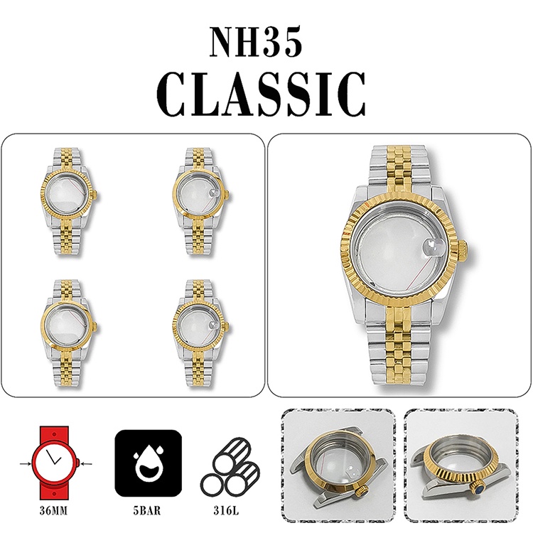 用於 NH35 / NH36 / 4R 手錶機芯的不銹鋼五串珠錶帶牡蠣萬年曆 / 狗牙環錶殼藍寶石玻璃透明底殼皮帶