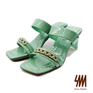 SM專櫃女鞋 牛漆皮鑽鍊條方頭高跟拖鞋(綠色)