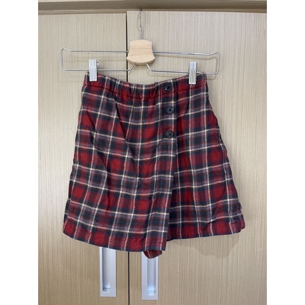 Lativ 女童法蘭絨格紋褲裙，深紅灰色，140cm，腰圍平放量29cm，褲長38cm