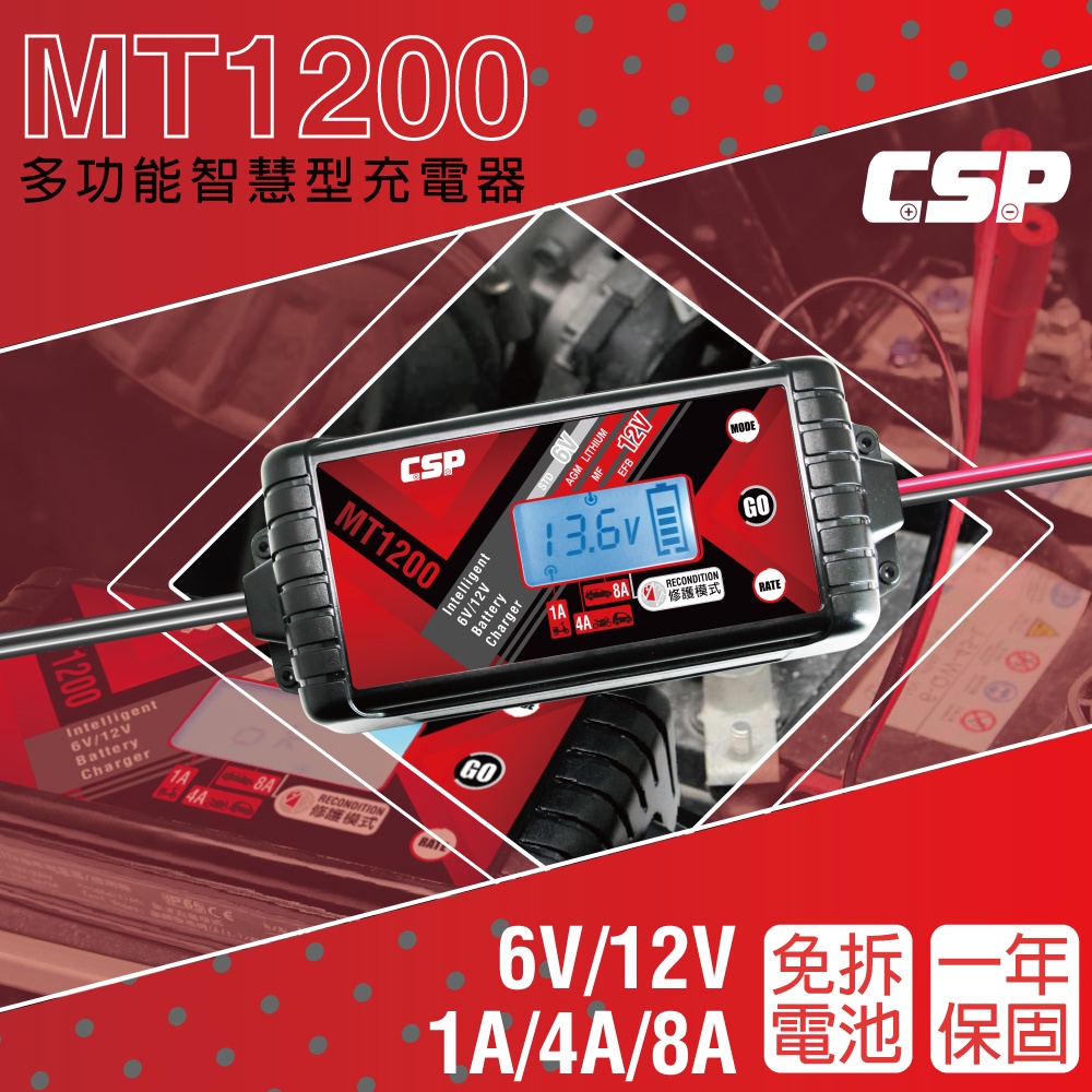 【CSP】MT1200 智慧充電機 汽車 機車 貨車 重機 一年保固 1A 3A 8A大電流充電 各項保護 鋰鐵 去硫化