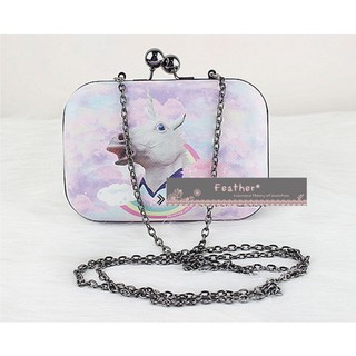 ＊╮【Feather】復古vintage手繪風格迷你硬殼手拿鏈條包 夢幻彩虹獨角獸 / 晚宴包 /化妝包/可肩背＊現貨＊