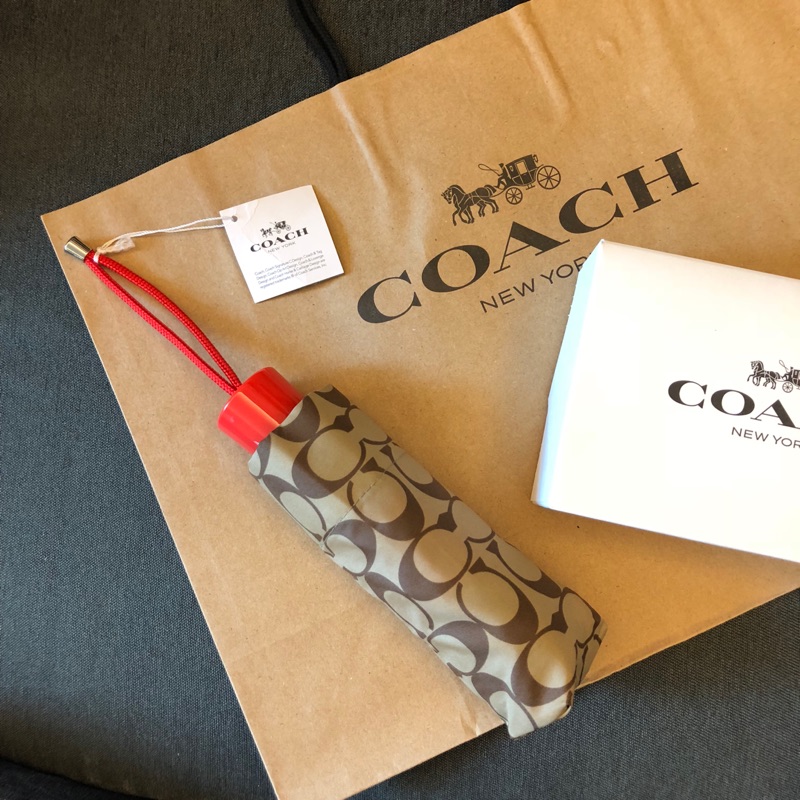 COACH 經典滿版logo三折傘 橘紅 折疊傘 雨傘 陽傘 隨身 迷你 現貨 美國代購