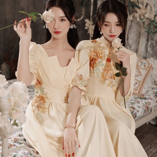 中式 伴娘服 冬季 新款 香檳色 姐妹 閨蜜 團 伴娘禮服 復古 中國風 顯瘦 冬季禮服 中式婚禮