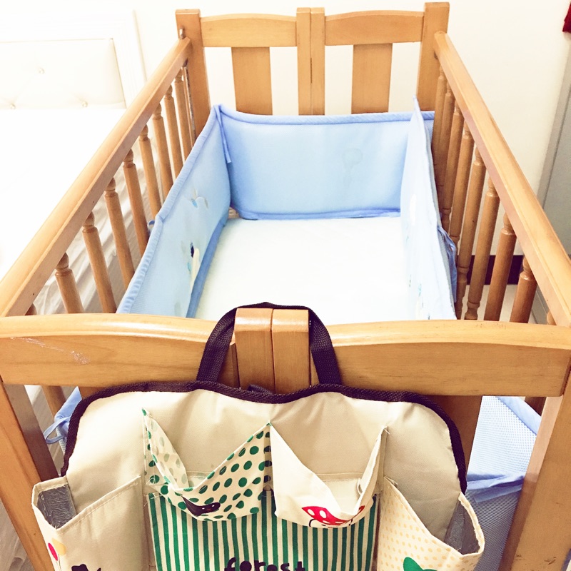 嬰兒床組全套（含可折疊收納木床、床圍、ikea彈簧床墊、床邊置物袋、蚊帳）