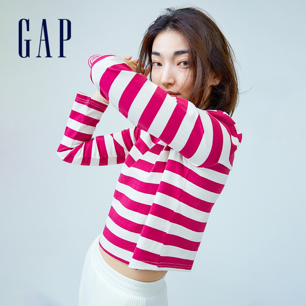 Gap 女裝 Logo純棉條紋/素色翻領長袖T恤 厚磅密織水洗棉系列-粉色條紋(833421)