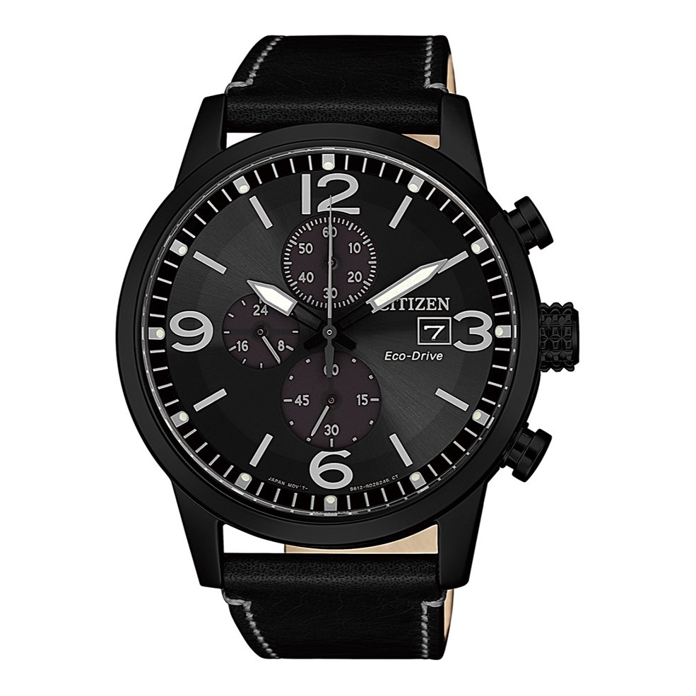 CITIZEN 星辰錶 都會簡約光動能三眼計時皮帶男錶-黑(CA0617-29E)43mm