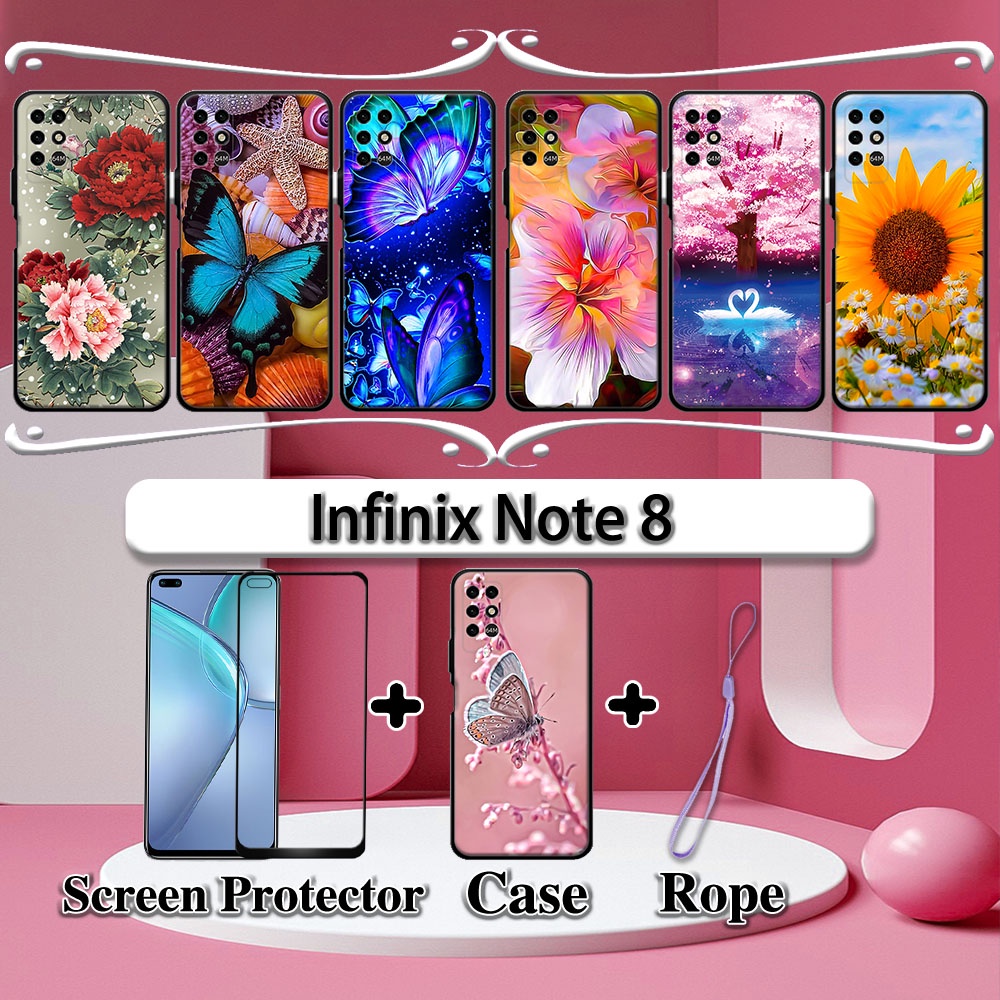 2 合 1 Infinix Note 8 手機殼帶鋼化玻璃曲面陶瓷屏幕保護膜花