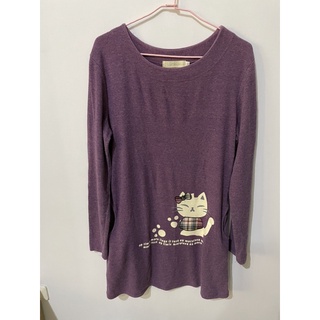 可愛貓咪紫色長版長袖上衣（二手）