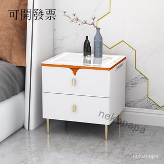現貨 /免運 精品優選【茶言傢具店】新款智慧充電巖闆玻璃北歐床頭櫃簡約現代小型實木抽屜整裝免安裝