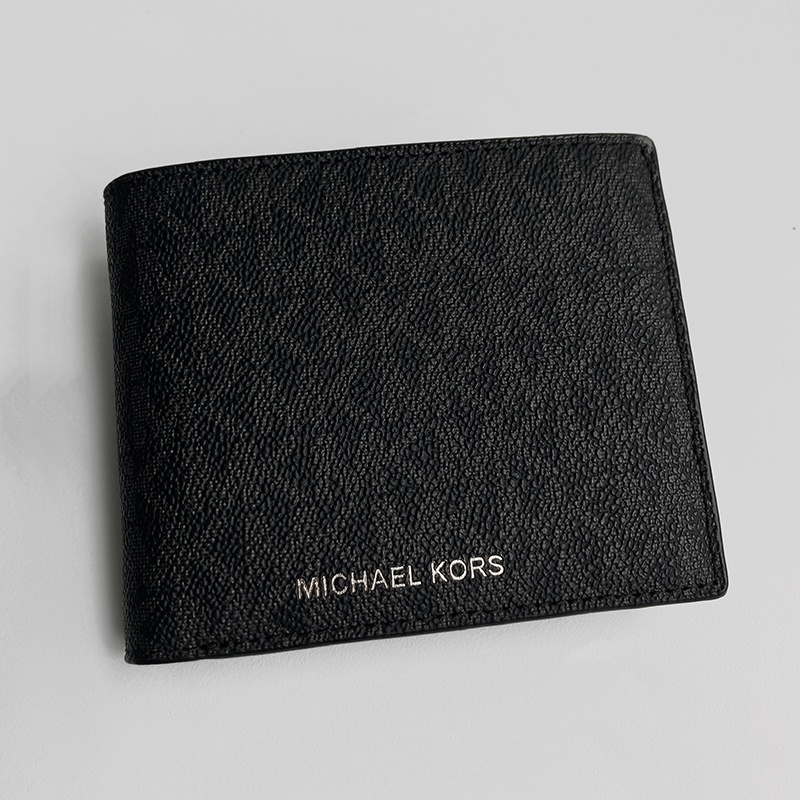 美國百分百【全新真品】MICHAEL KORS MK 皮質 短夾 卡夾 精品 皮夾 logo 男用 滿版 黑色 AO76