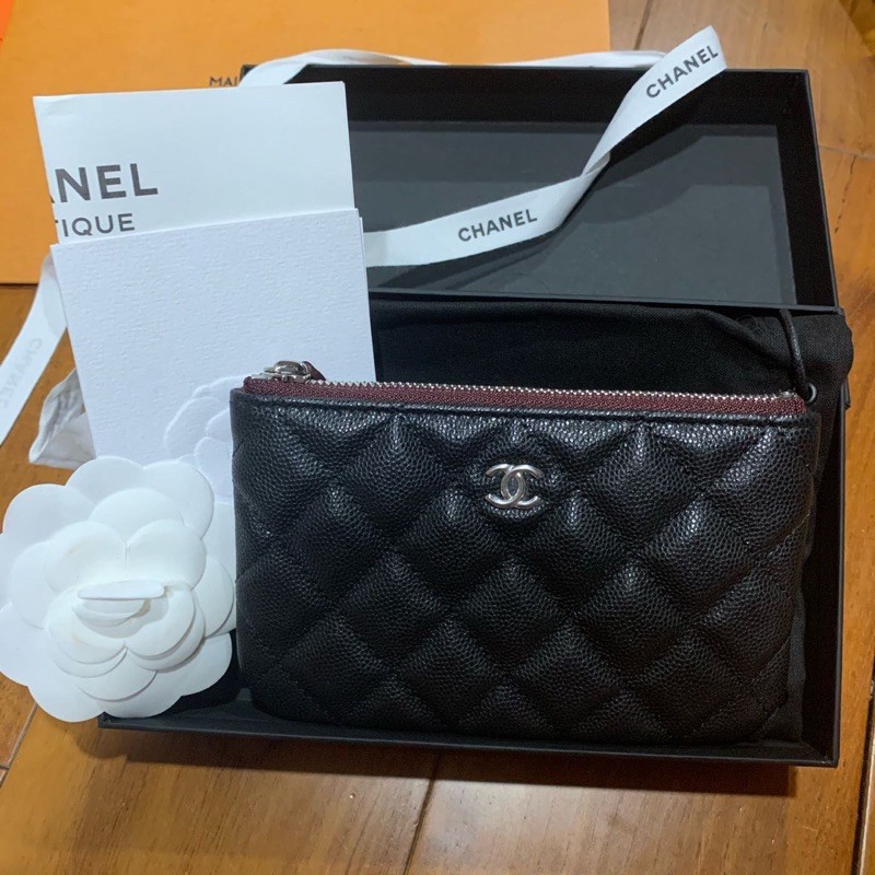 全新chanel 香奈兒荔枝牛皮一字零錢包卡包拉鍊式銀釦 蝦皮購物