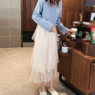 Holly S 韓版高腰網紗裙蛋糕裙小個子150cm蛋糕裙半身長裙夏天薄款高腰黑紗裙子女網紗群子穿搭