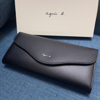 全新 agnes b 粉紅色 黑色 信封式 牛皮 真皮 掀蓋 翻蓋 扣式 皮夾 長夾 小b 女用 薄型 保證真品 正品