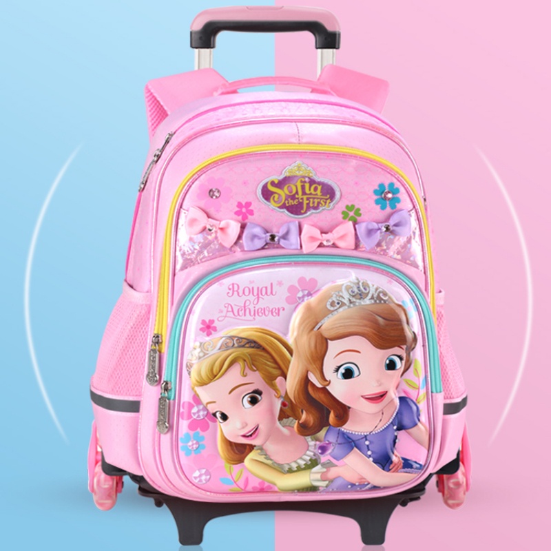 迪士尼兒童拉桿書包 冰雪蘇菲亞6-12週嵗女孩公主拖書包 小學生粉色書包