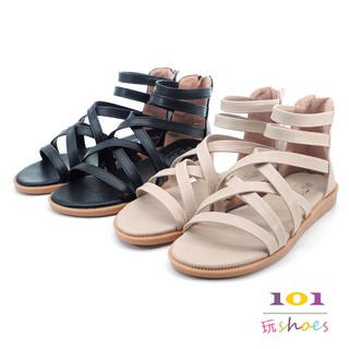 【101玩SHOES】MIT 大尺碼微寬羅馬平底涼鞋女鞋鞋子 米色/黑色 41-44