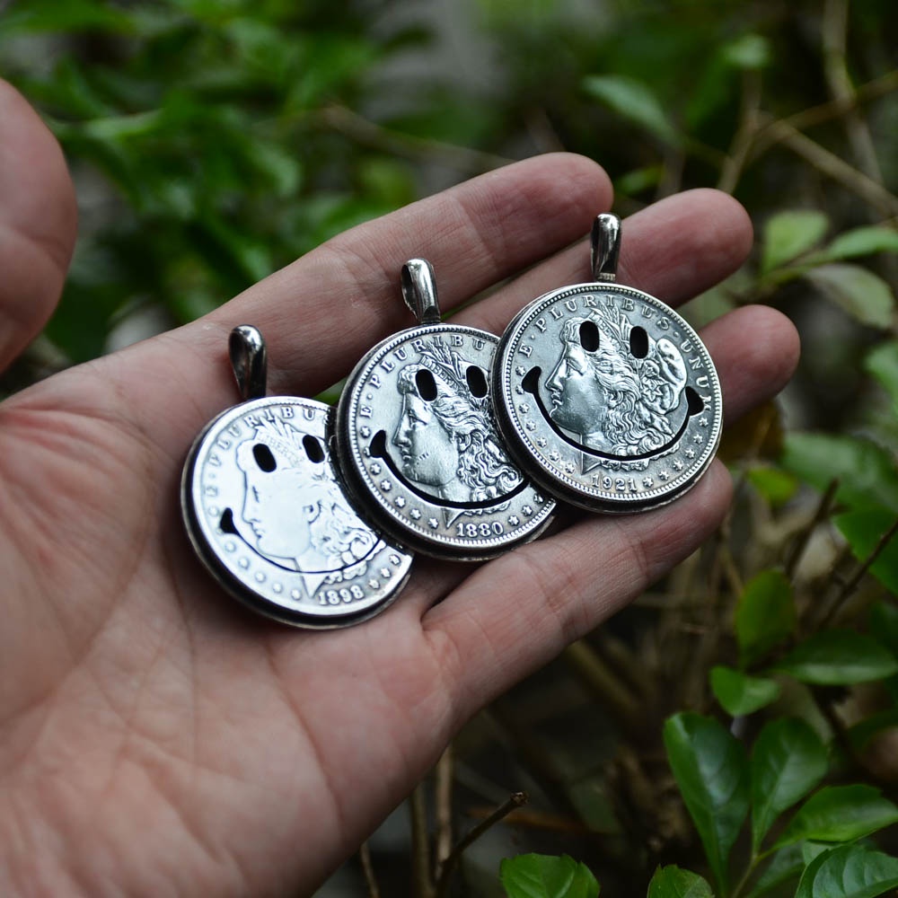 古董老幣! North Works 笑臉吊墜1美元早期摩根銀幣職人手工N-006