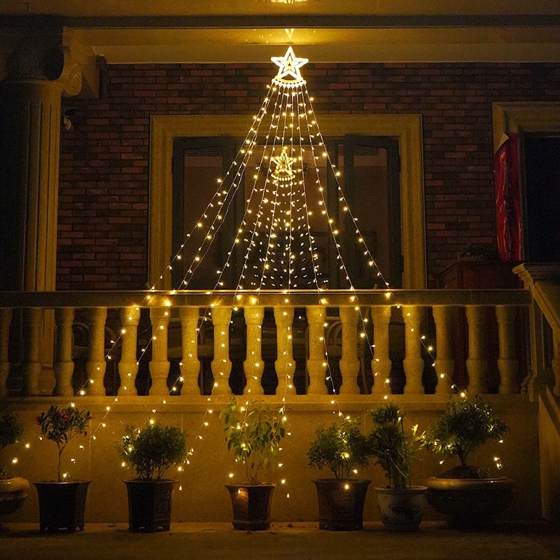 新款 LED 五角星 春節 聖誕節 瀑布燈 掛樹 燈 戶外 庭院 遙控 太陽能 裝飾 燈 夜光瀑布燈 太陽能裝飾燈