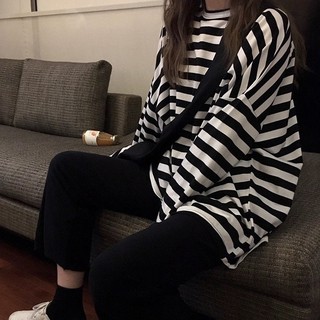 蔓莎💞秋裝2025年新款原宿風ins潮黑白條紋初秋寬松長袖T恤女學生上衣 衣服 上衣 女生衣著