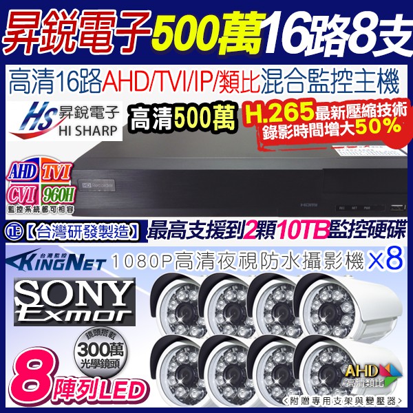 監視器 昇銳 H.265 16路 8聲 500萬 DVR 監控主機套餐 + SONY 1080P 紅外線防水攝影機x8支